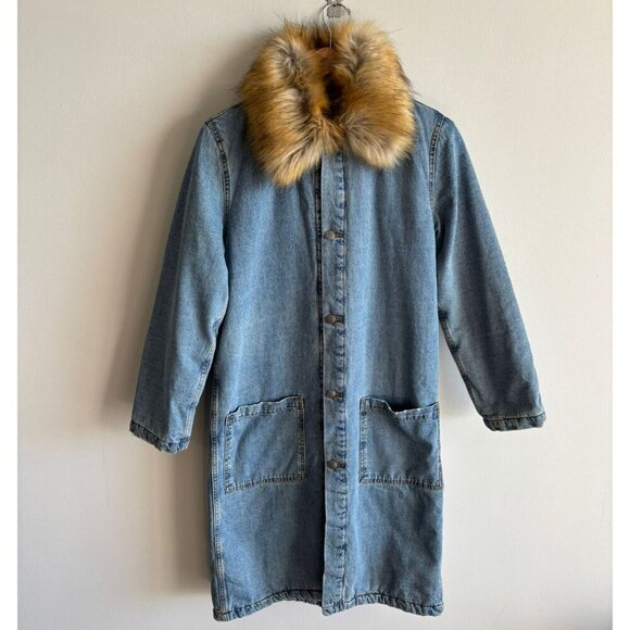 Zara Womens Detachable Faux fur Collar Long Denim Coat Denim Size Small - Picture 1 of 16